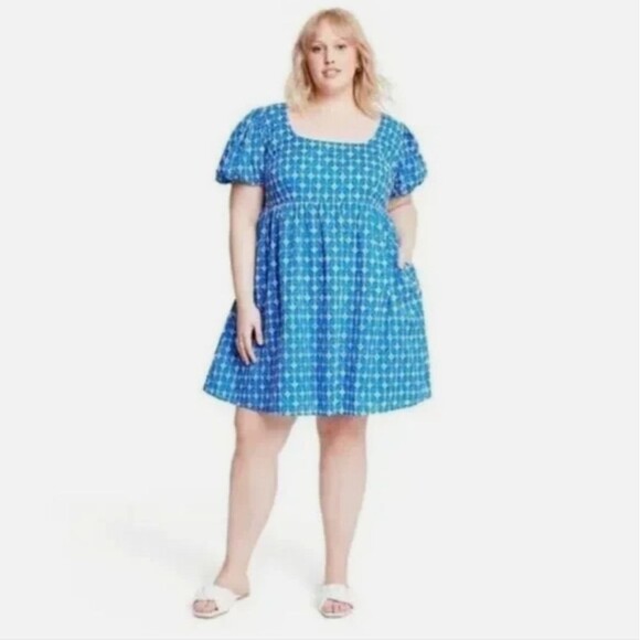 Rhode Eyelet Mini Babydoll Dress Blue With pockets Size XXL - Picture 1 of 16